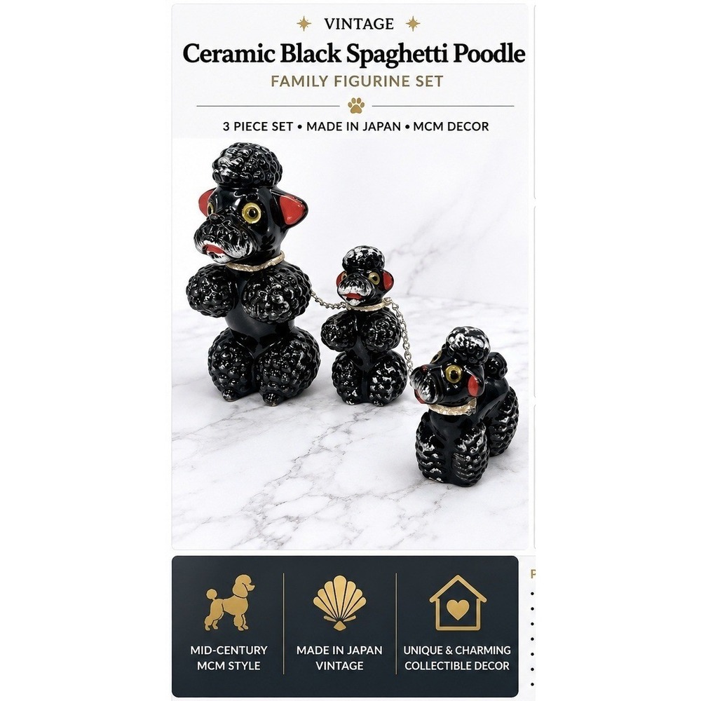 Vintage Ceramic Black Spaghetti Poodle Family Figurine Set 3 Piece Japan MCM